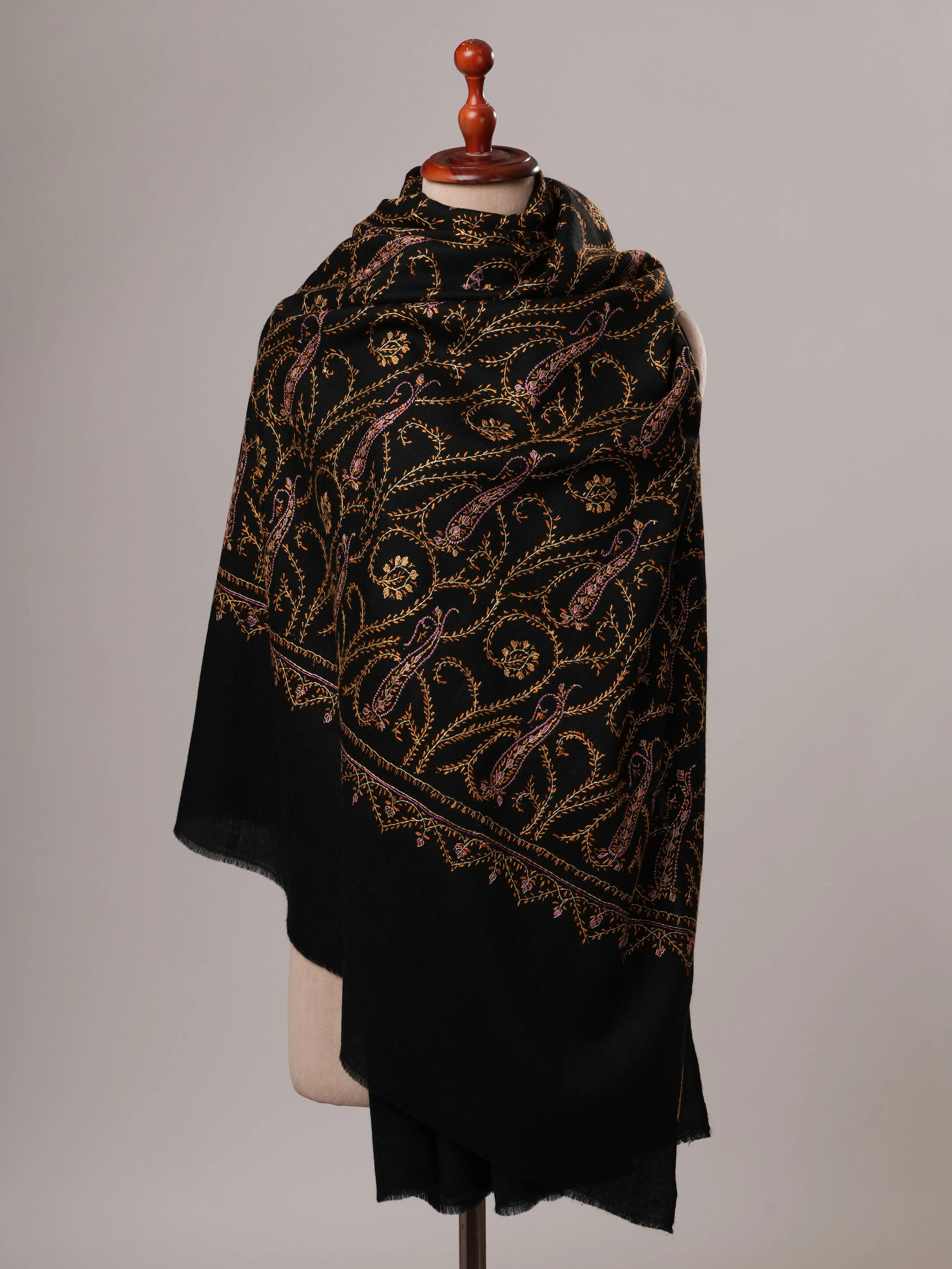 Black Hand Embroidered Jali Fine Wool Warm Shawl Shahkaar