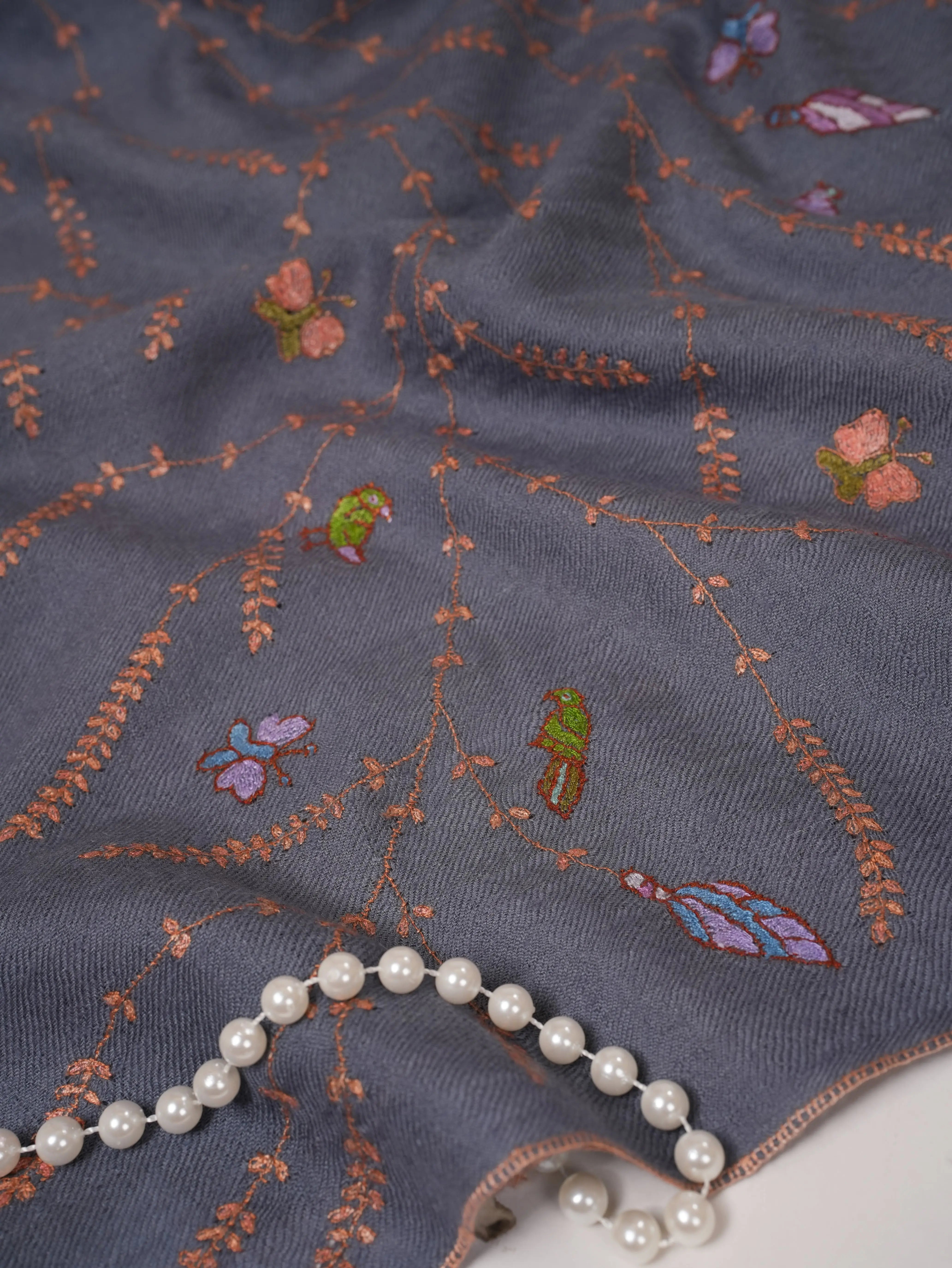 Slate Grey Cashmere Scarf with Hand Embroidery Shahkaar.com