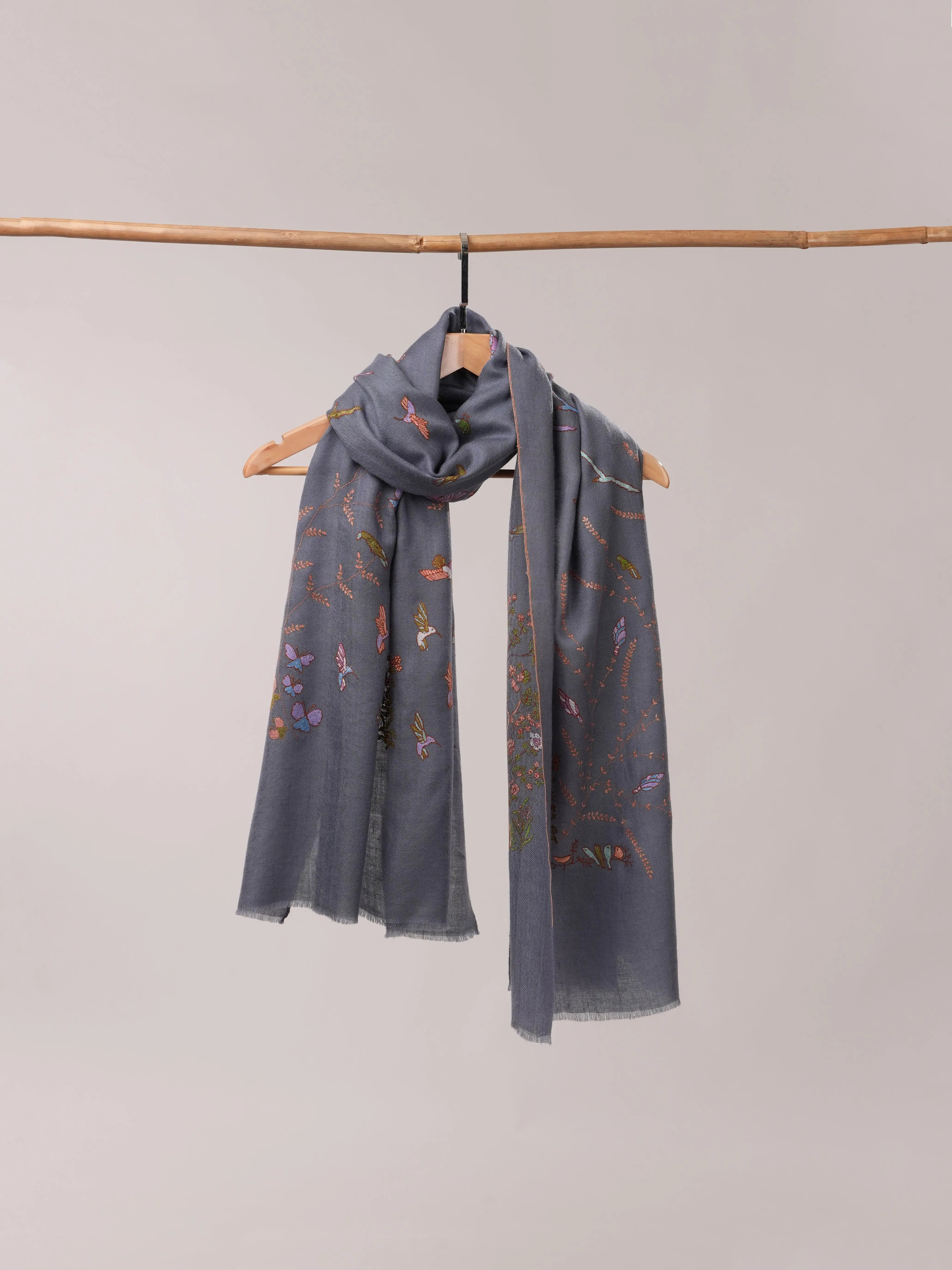 Slate Grey Cashmere Scarf with Hand Embroidery Shahkaar.com