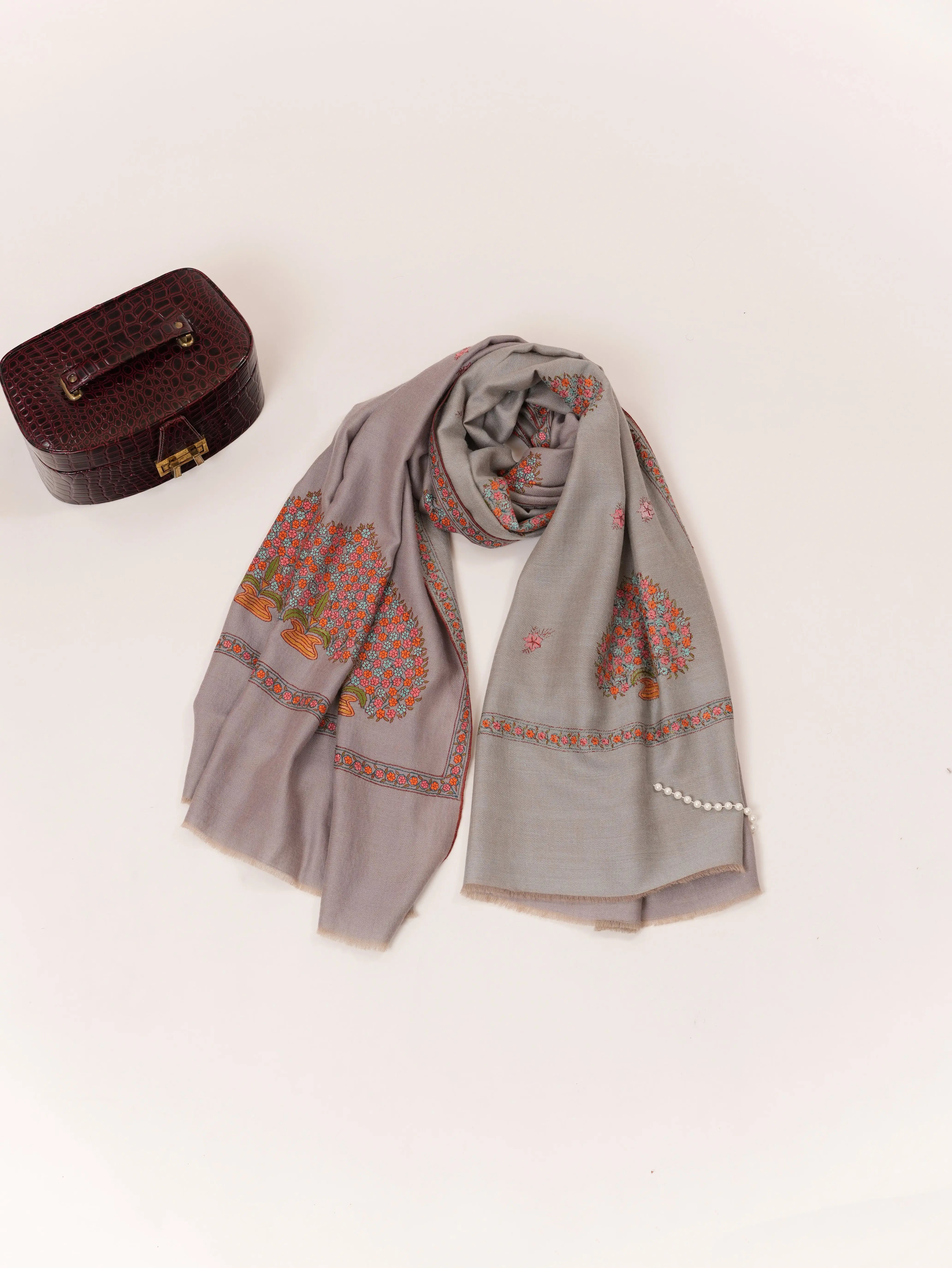 Kashmiri Handwoven Dualtone Pashmina Shawl with Mughal Buteh Sozni Embroidery Shahkaar.com