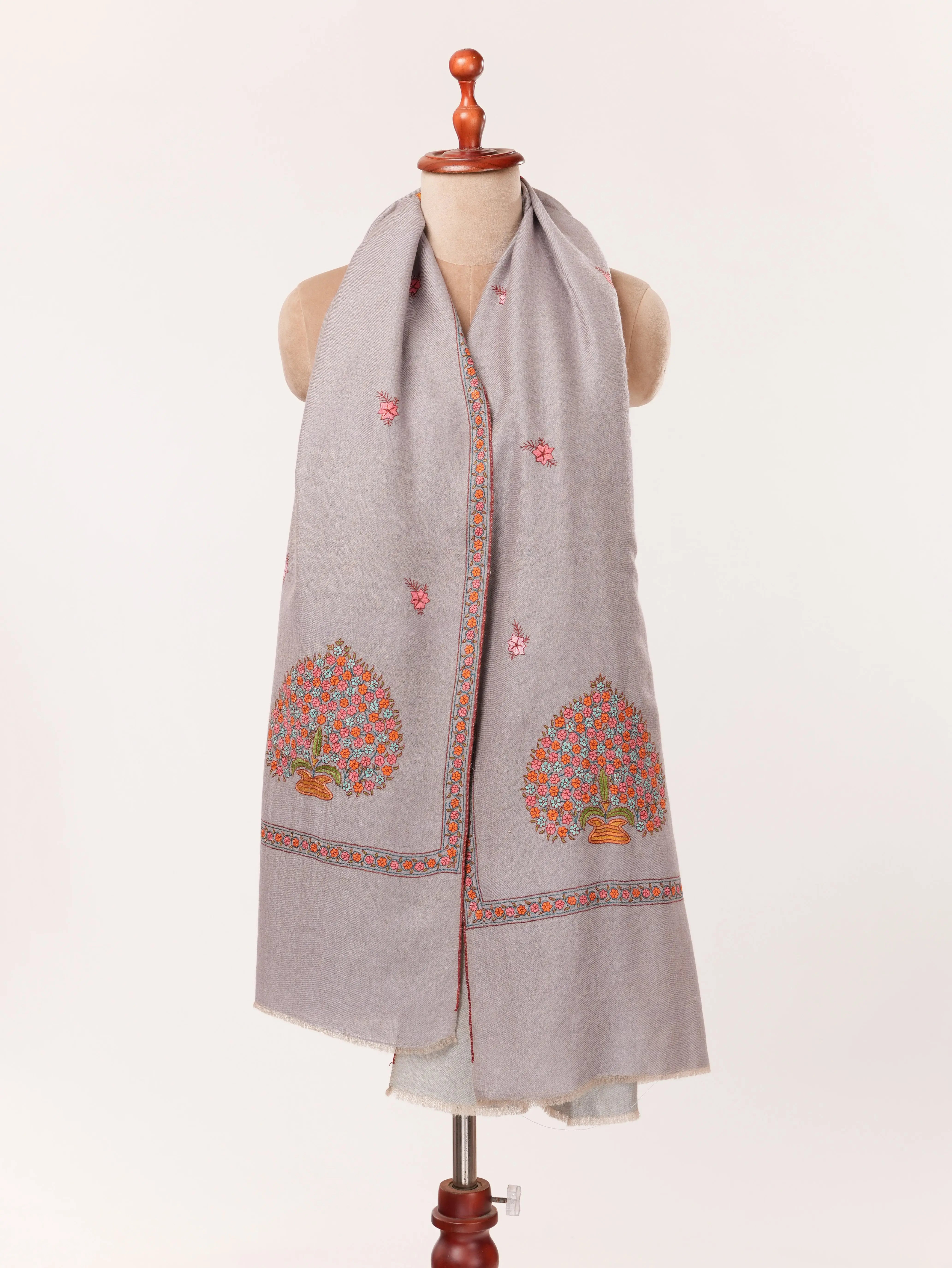 Kashmiri Handwoven Dualtone Pashmina Shawl with Mughal Buteh Sozni Embroidery Shahkaar.com