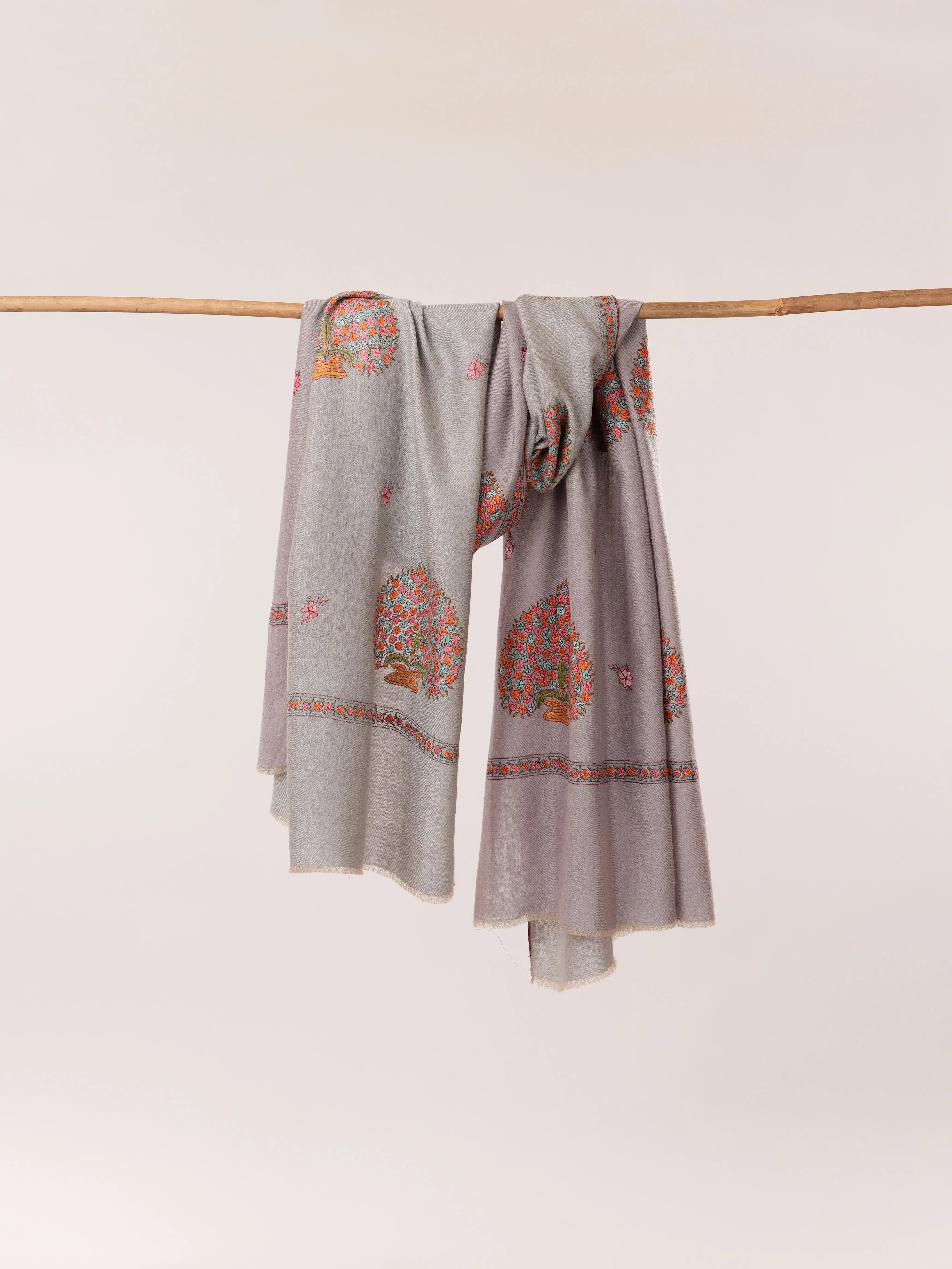 Kashmiri Handwoven Dualtone Pashmina Shawl with Mughal Buteh Sozni Embroidery Shahkaar.com