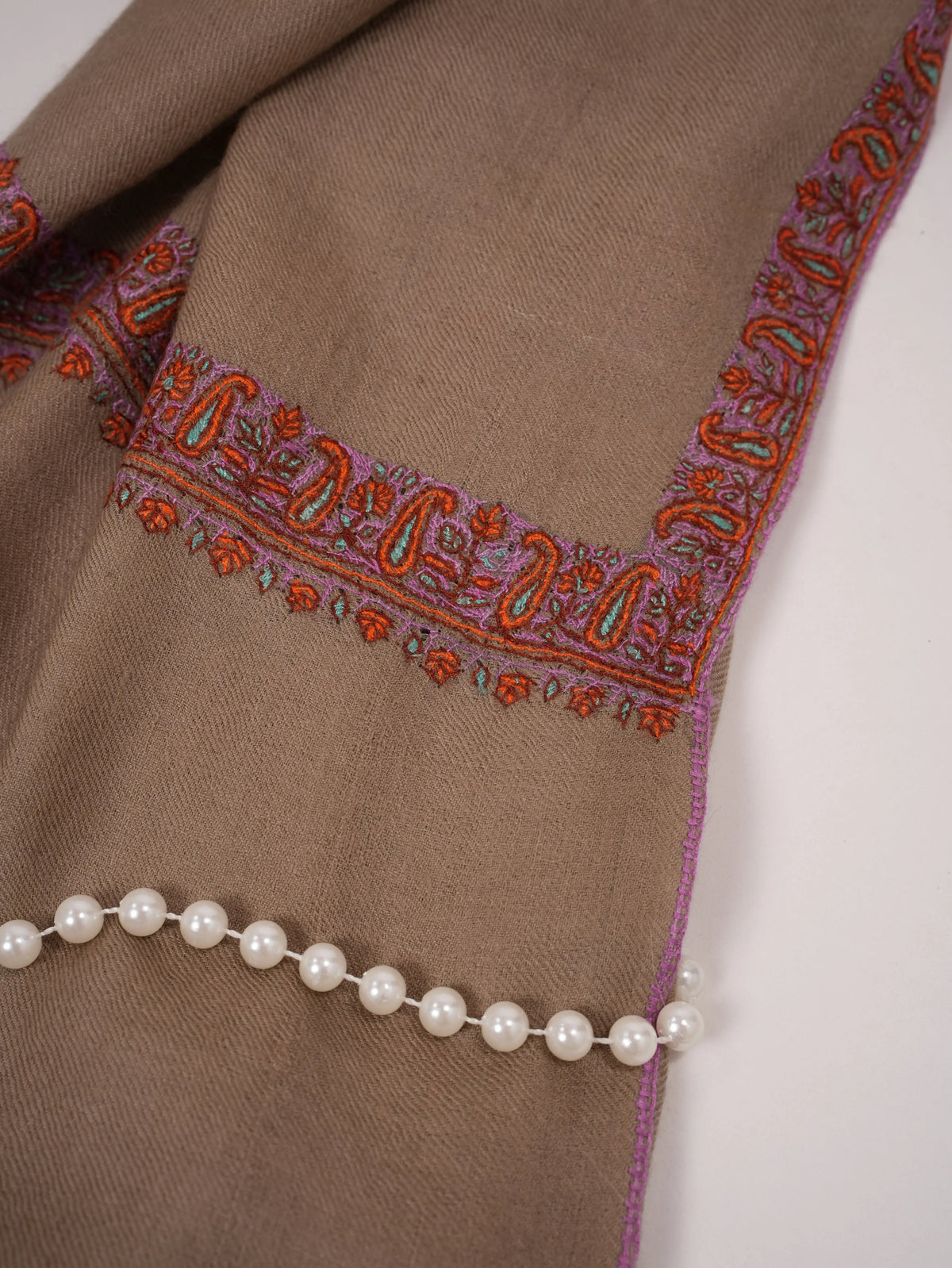 Taupe Original Pashmina Shawl with Hashia Hand Embroidery Shahkaar.com