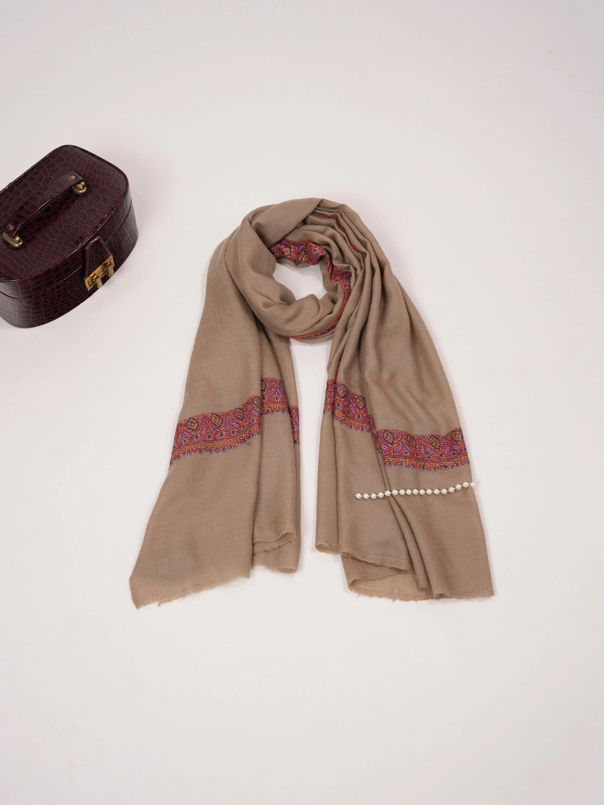 Kashmiri Beige Handwoven Pashmina Shawl with Neemdaur Sozni Work Shahkaar.com