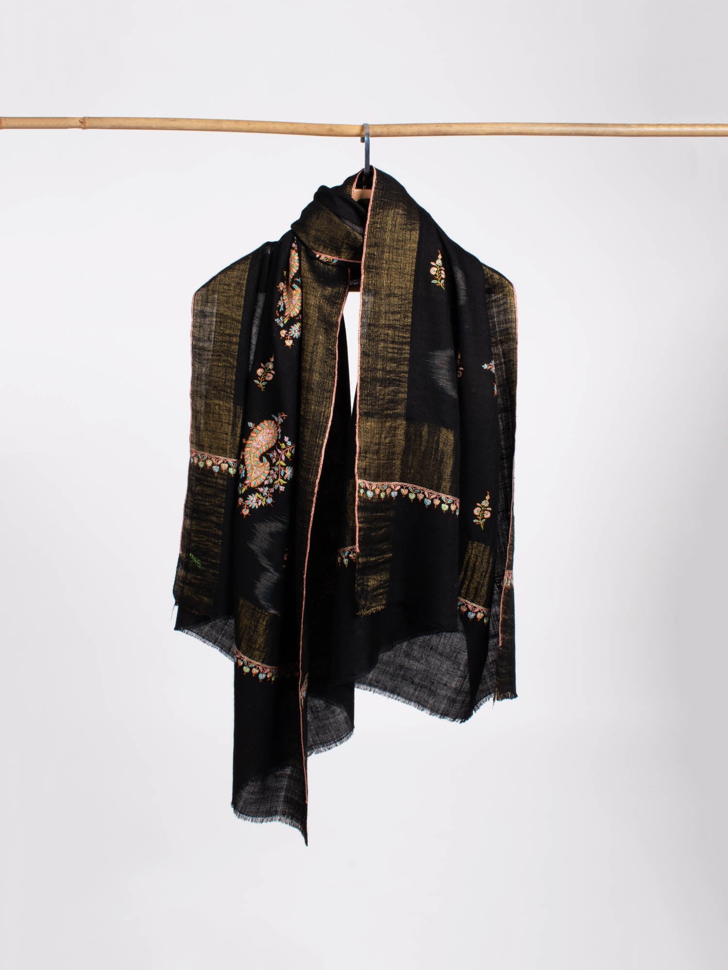 Black with Gold Zari Border Kashmiri Pashmina Shawl - SAN MATEO - Shahkaar
