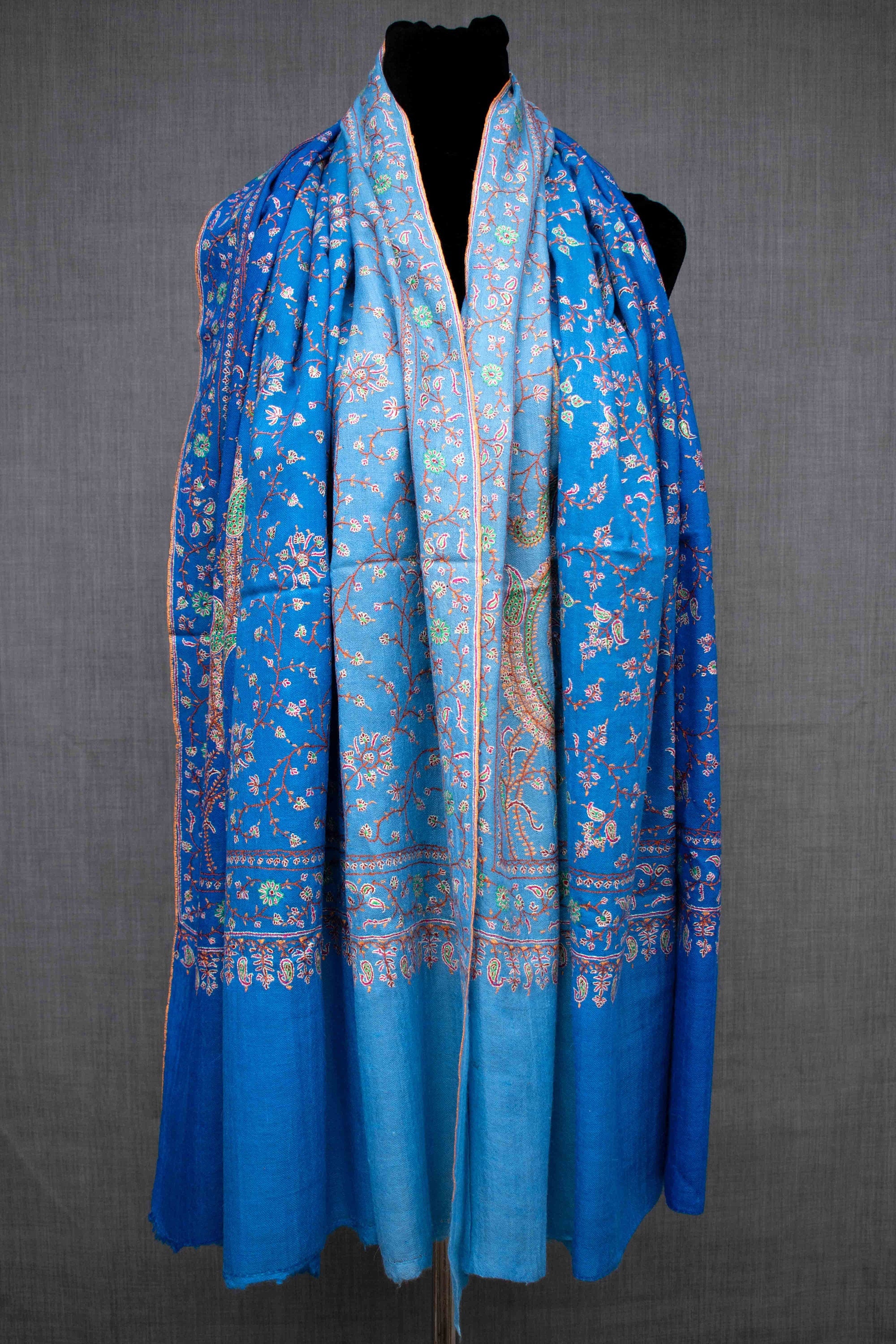 Ombre Blue Pashmina Shawl, Hand Embroided, Hand Woven, Made in Kashmir