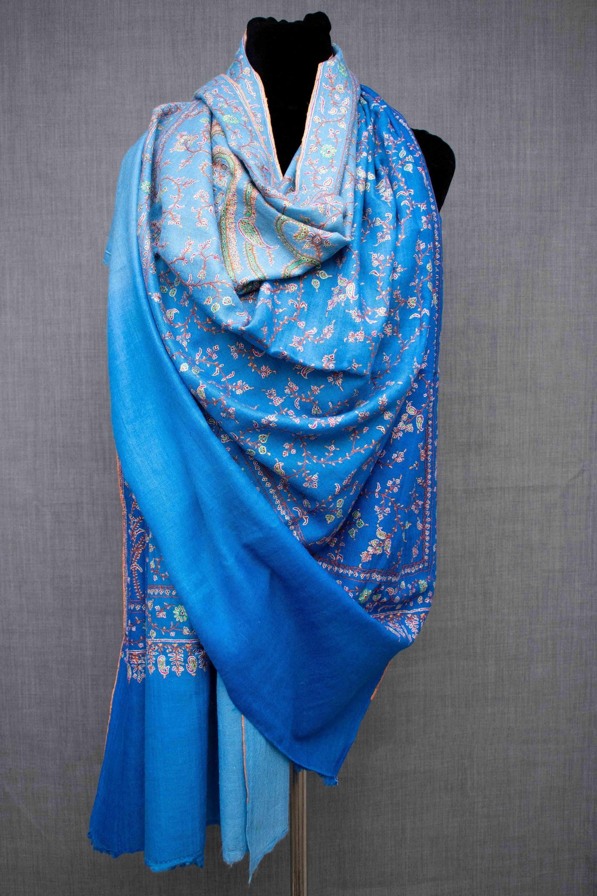 Ombre Blue Pashmina Shawl, Hand Embroided, Hand Woven, Made in Kashmir