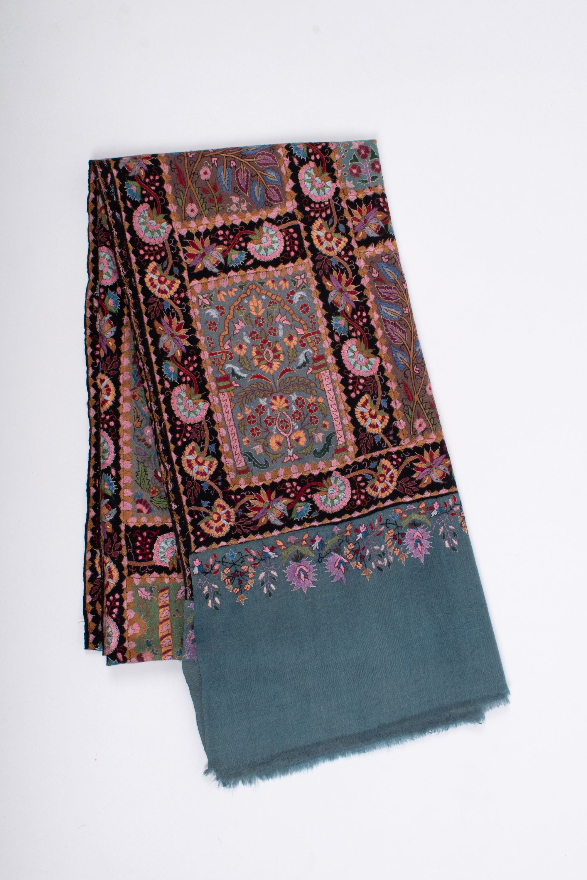 Kashmiri Pashmina Shawl, Special Indian Embroidery Wrap, Dark Cerulean Blue, Hand Embroidered Shawl, Exclusive Shawl, 40x80" - PASADENA - Shahkaar