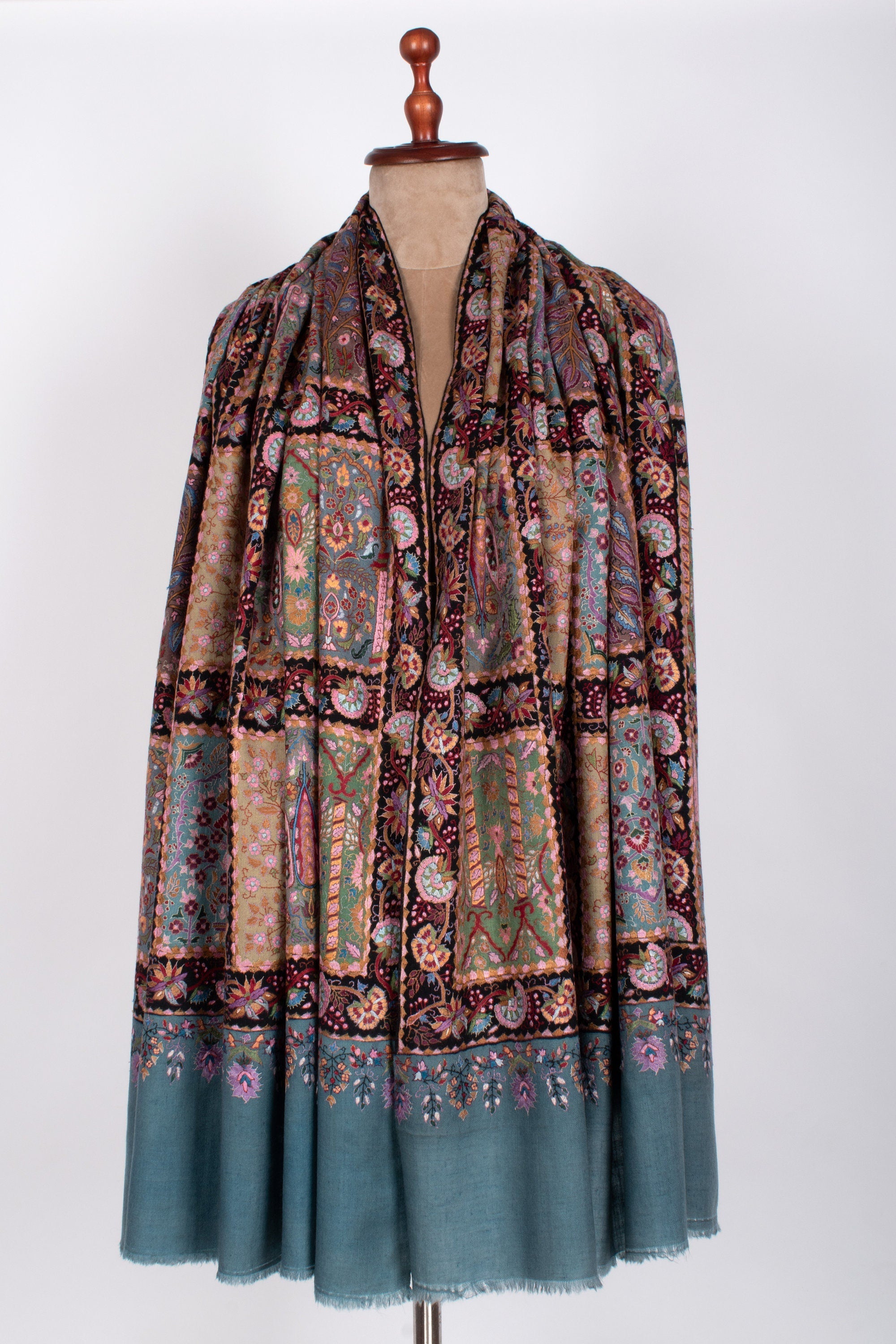 Kashmiri Pashmina Shawl, Special Indian Embroidery Wrap, Dark Cerulean Blue, Hand Embroidered Shawl, Exclusive Shawl, 40x80" - PASADENA - Shahkaar