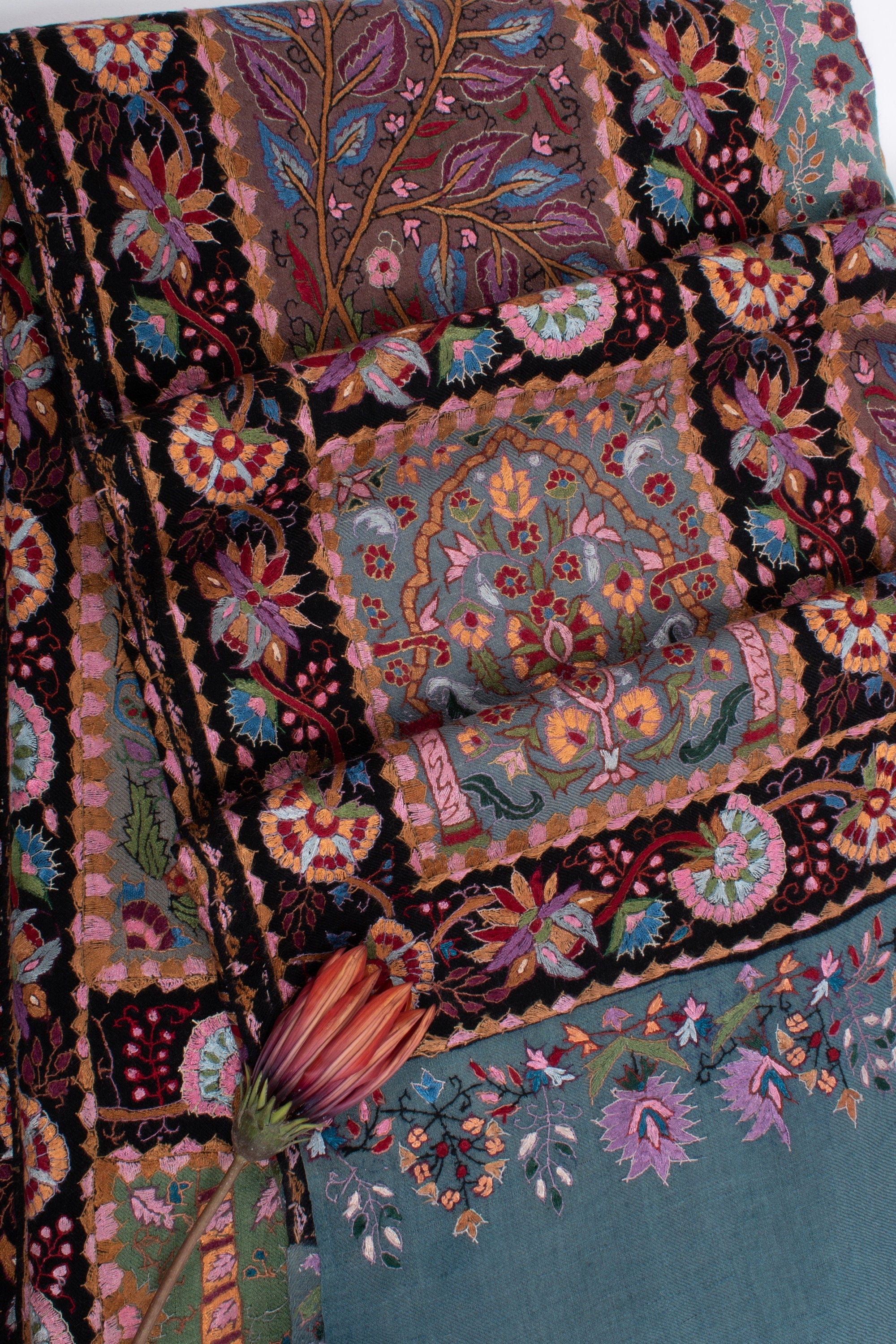 Kashmiri Pashmina Shawl, Special Indian Embroidery Wrap, Dark Cerulean Blue, Hand Embroidered Shawl, Exclusive Shawl, 40x80" - PASADENA - Shahkaar