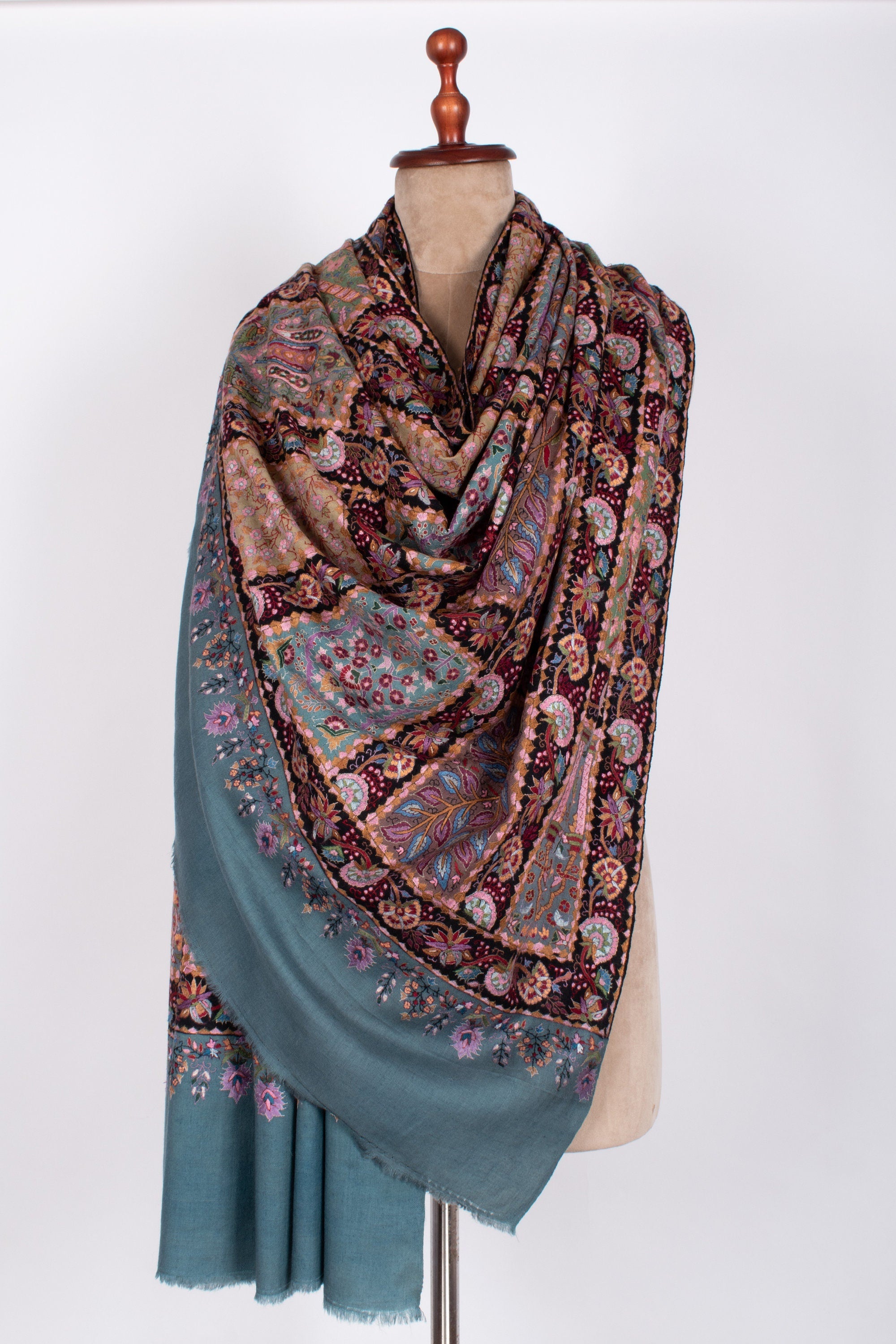 Kashmiri Pashmina Shawl, Special Indian Embroidery Wrap, Dark Cerulean Blue, Hand Embroidered Shawl, Exclusive Shawl, 40x80" - PASADENA - Shahkaar