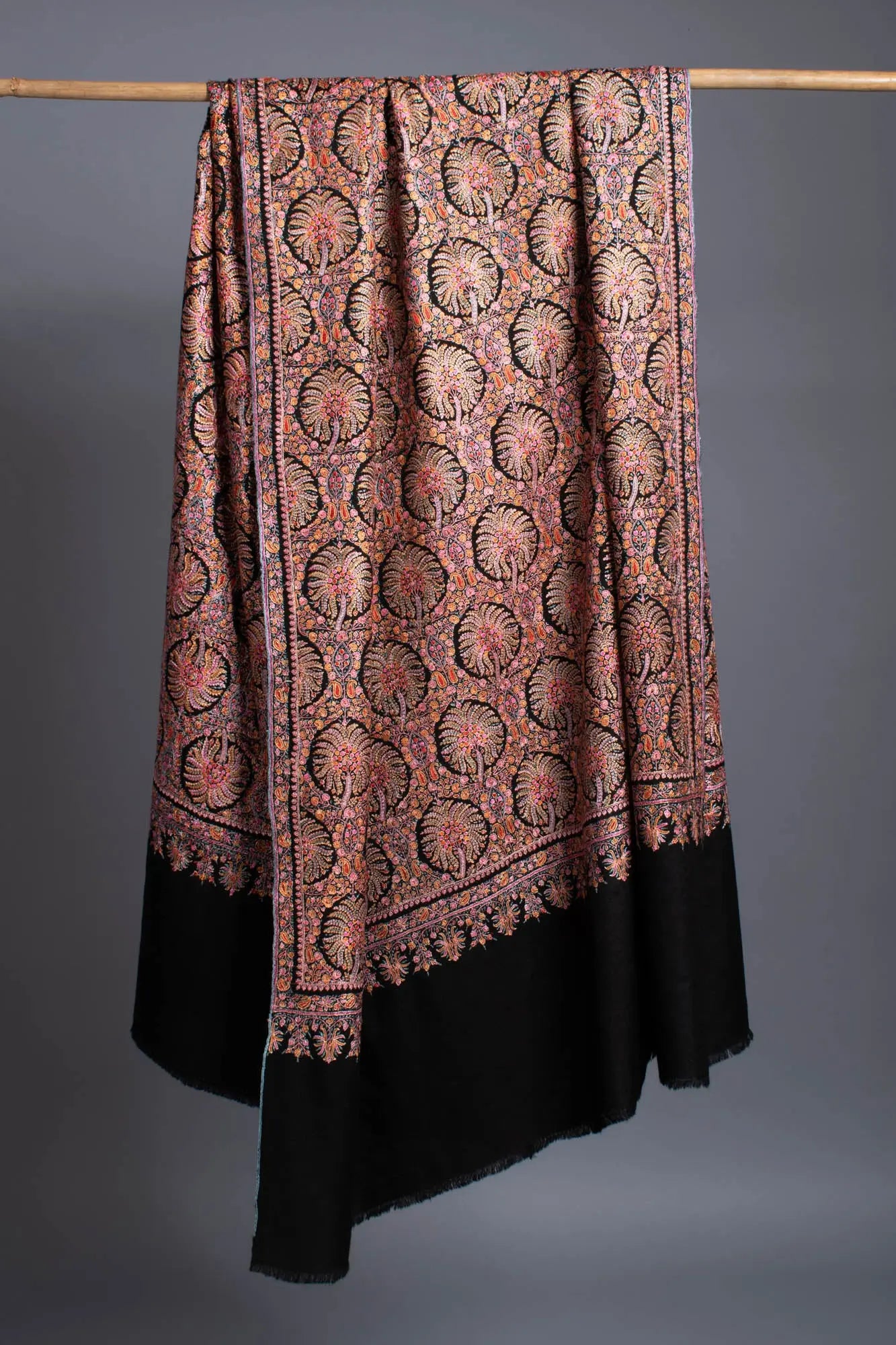 Black Silk Embroidered Pashmina Shawl - ABBAS Shahkaar