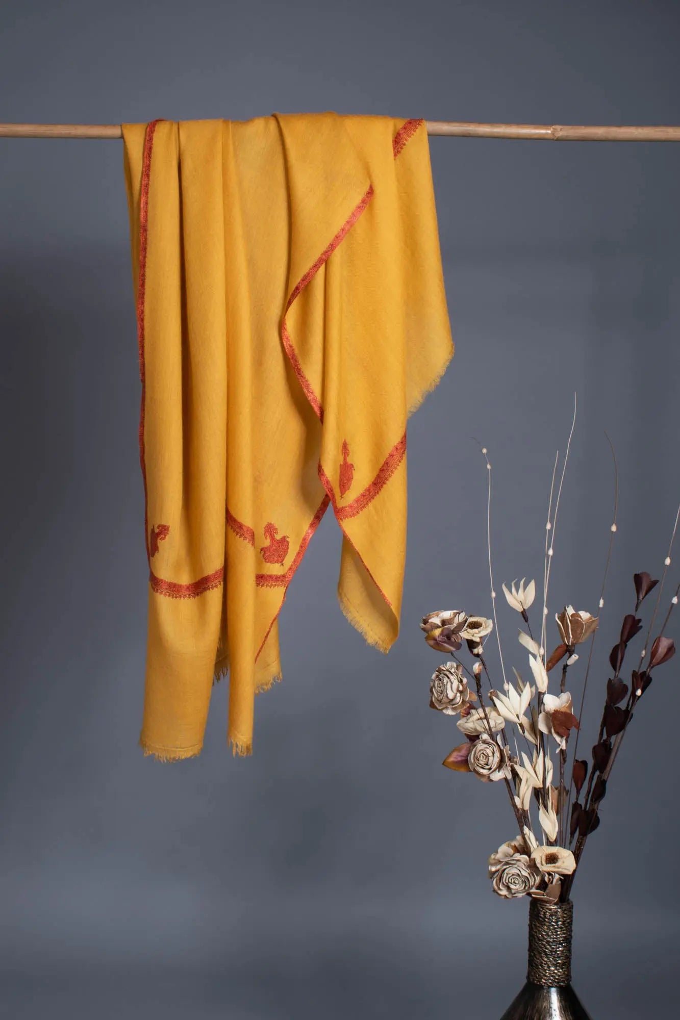 Mustard Hand Embroidered Bail Pashmina Shawl - GUADALUPE Shahkaar
