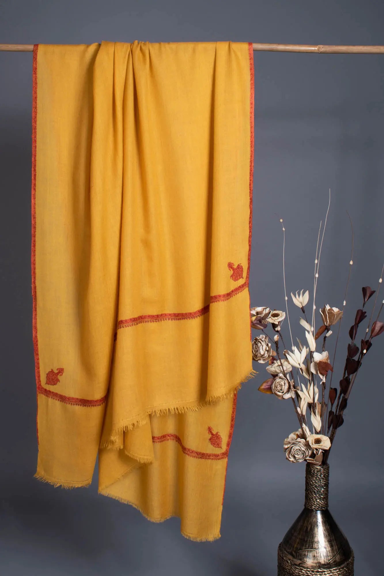 Mustard Hand Embroidered Bail Pashmina Shawl - GUADALUPE Shahkaar