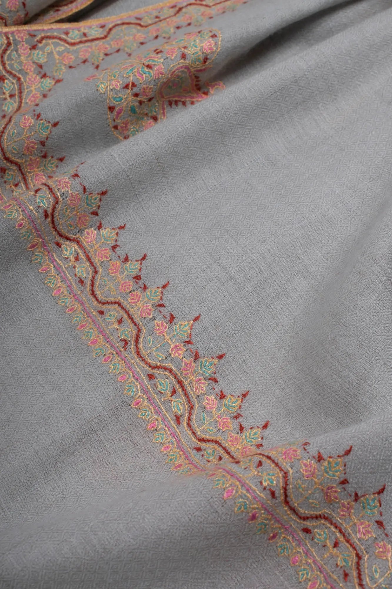 Silver Grey Handloomed Cashmere Hand Embroidered Shawl - TORREON Shahkaar