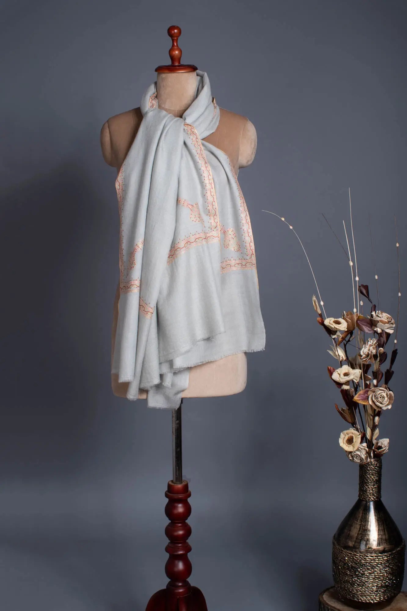 Silver Grey Handloomed Cashmere Hand Embroidered Shawl - TORREON Shahkaar