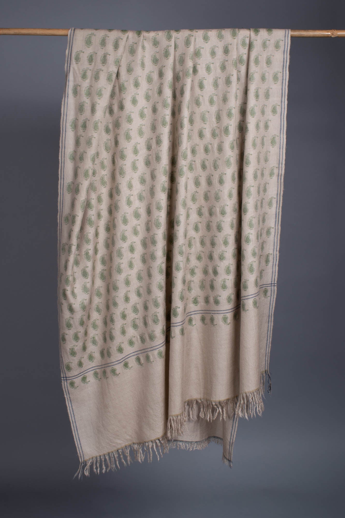 Beige and Green Paisley Motif Kani Pashmina Shawl - CASTLE